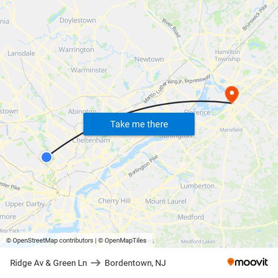Ridge Av & Green Ln to Bordentown, NJ map