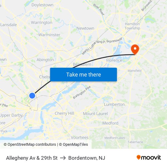 Allegheny Av & 29th St to Bordentown, NJ map