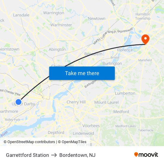 Garrettford Station to Bordentown, NJ map