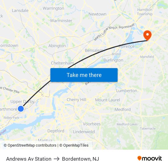 Andrews Av Station to Bordentown, NJ map