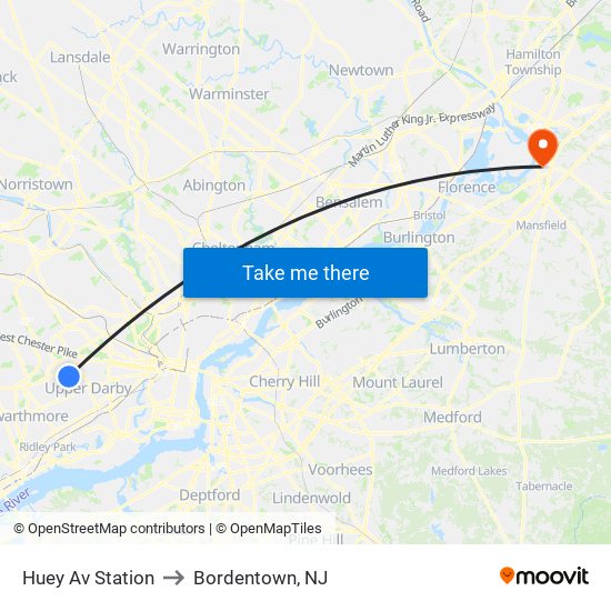 Huey Av Station to Bordentown, NJ map