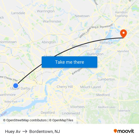 Huey Av to Bordentown, NJ map