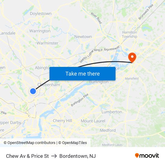 Chew Av & Price St to Bordentown, NJ map