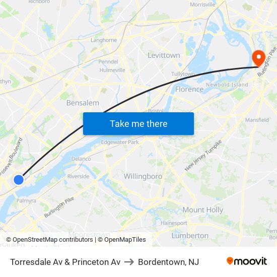 Torresdale Av & Princeton Av to Bordentown, NJ map