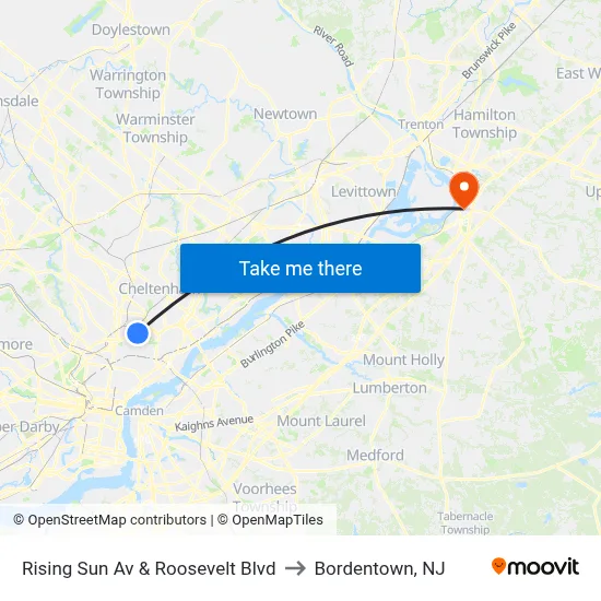 Rising Sun Av & Roosevelt Blvd to Bordentown, NJ map