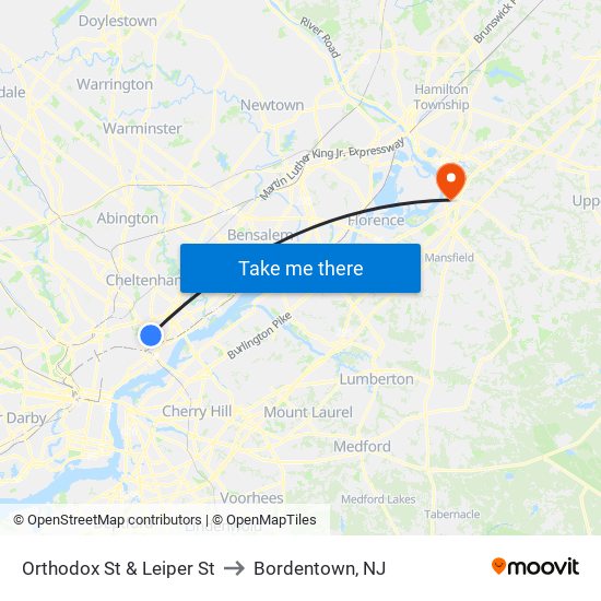 Orthodox St & Leiper St to Bordentown, NJ map