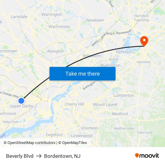 Beverly Blvd to Bordentown, NJ map