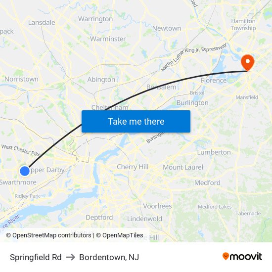 Springfield Rd to Bordentown, NJ map
