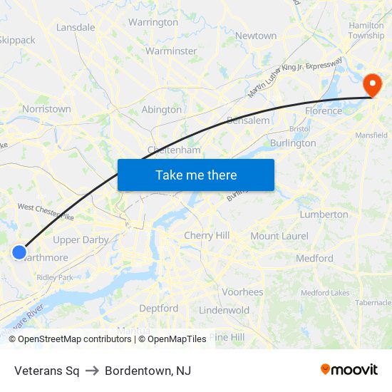 Veterans Sq to Bordentown, NJ map