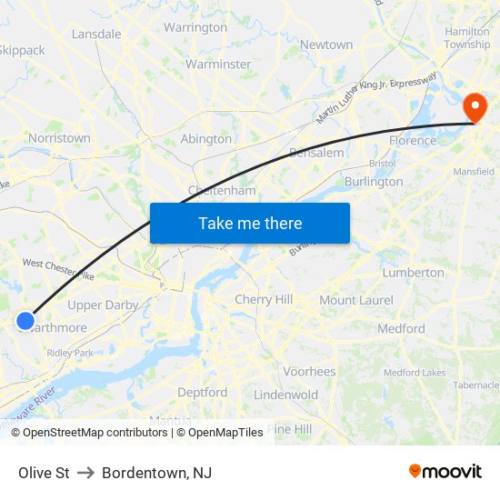 Olive St to Bordentown, NJ map