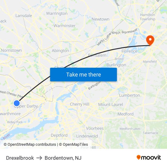 Drexelbrook to Bordentown, NJ map