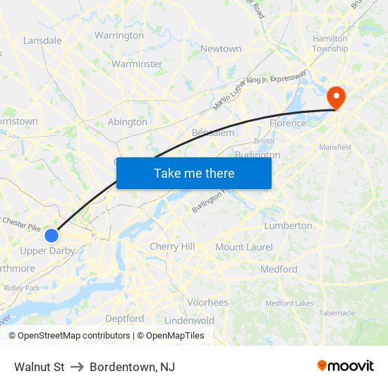 Walnut St to Bordentown, NJ map