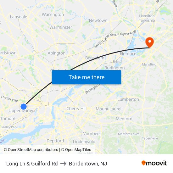 Long Ln & Guilford Rd to Bordentown, NJ map