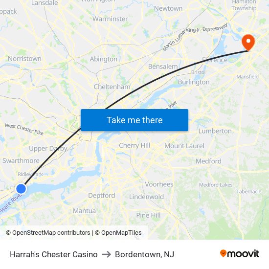 Harrah's Chester Casino to Bordentown, NJ map