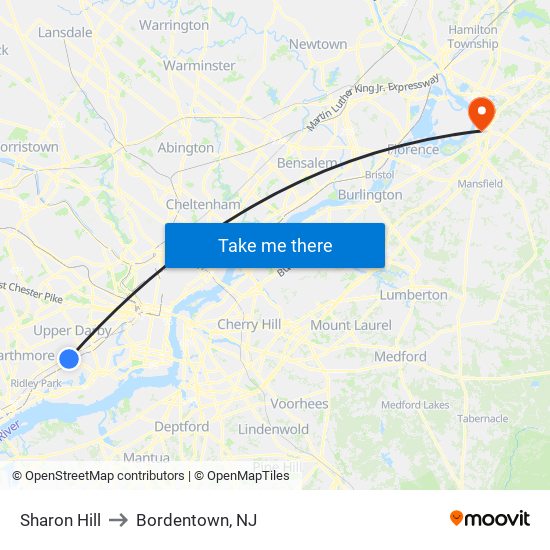 Sharon Hill to Bordentown, NJ map