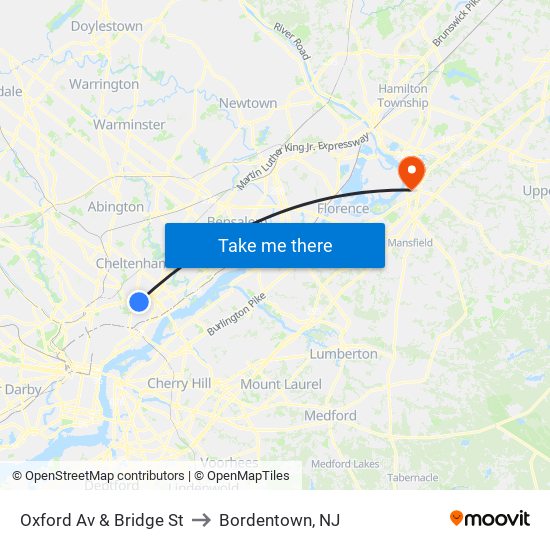 Oxford Av & Bridge St to Bordentown, NJ map