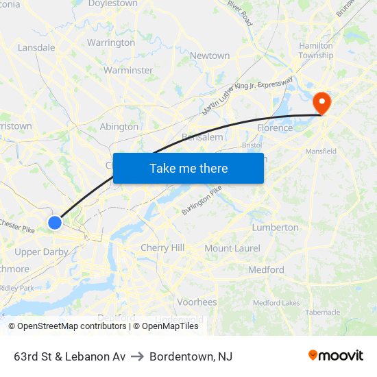 63rd St & Lebanon Av to Bordentown, NJ map