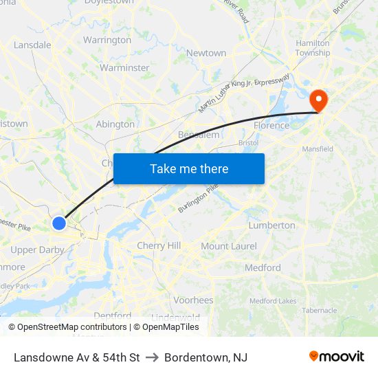 Lansdowne Av & 54th St to Bordentown, NJ map
