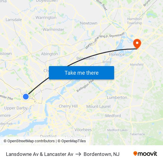 Lansdowne Av & Lancaster Av to Bordentown, NJ map