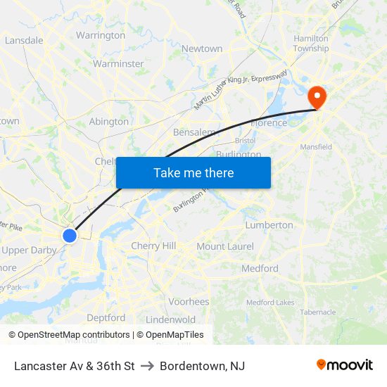 Lancaster Av & 36th St to Bordentown, NJ map