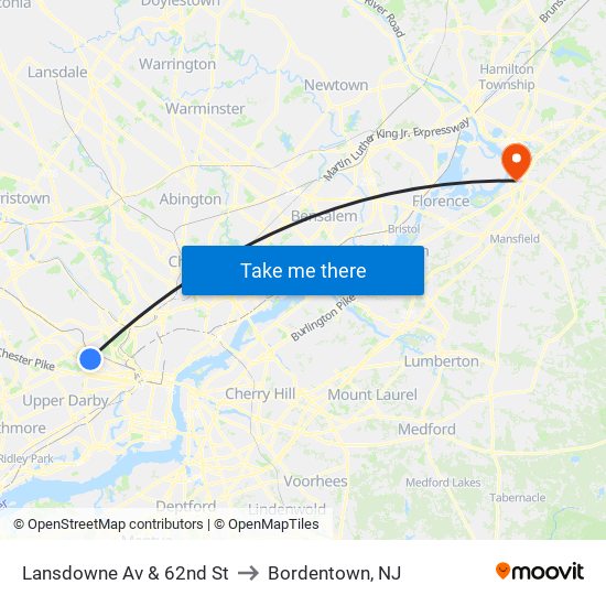 Lansdowne Av & 62nd St to Bordentown, NJ map