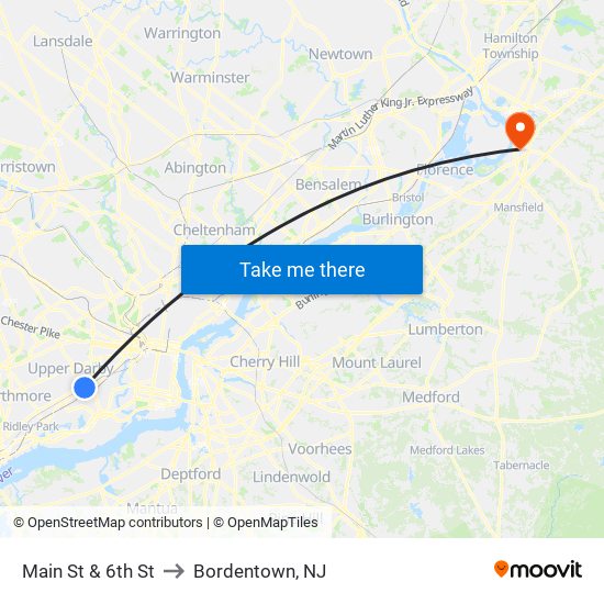 Main St & 6th St to Bordentown, NJ map