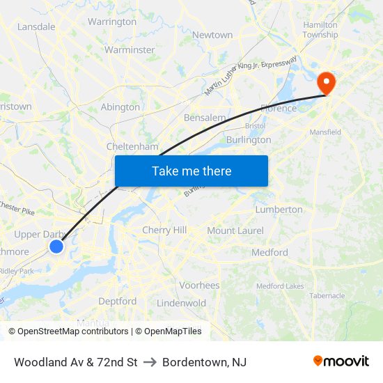 Woodland Av & 72nd St to Bordentown, NJ map
