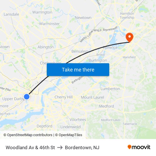 Woodland Av & 46th St to Bordentown, NJ map