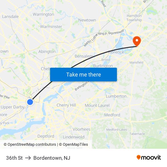 36th St to Bordentown, NJ map