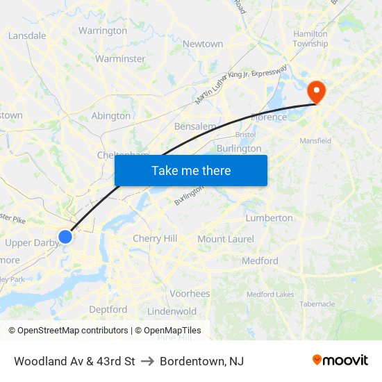 Woodland Av & 43rd St to Bordentown, NJ map