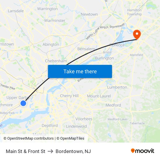 Main St & Front St to Bordentown, NJ map