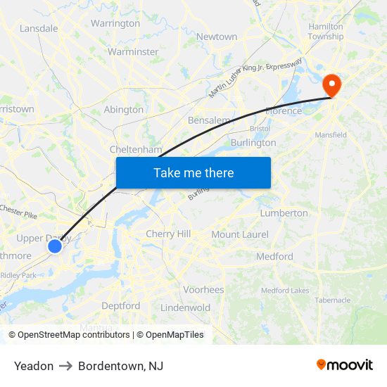 Yeadon to Bordentown, NJ map