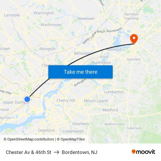 Chester Av & 46th St to Bordentown, NJ map