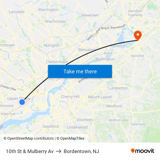 10th St & Mulberry Av to Bordentown, NJ map