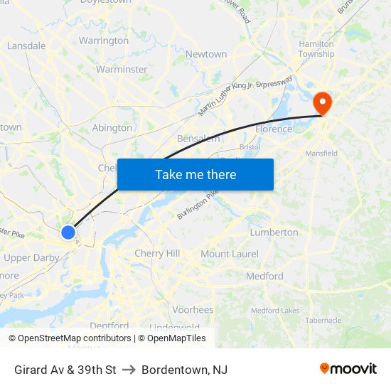 Girard Av & 39th St to Bordentown, NJ map