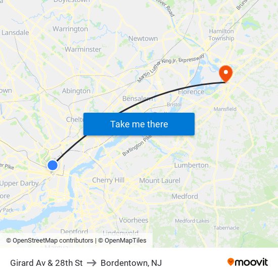 Girard Av & 28th St to Bordentown, NJ map