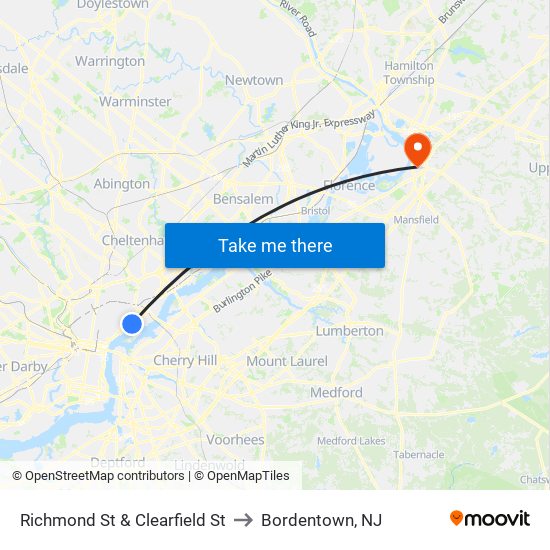 Richmond St & Clearfield St to Bordentown, NJ map