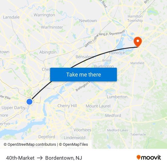 40th-Market to Bordentown, NJ map
