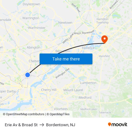 Erie Av & Broad St to Bordentown, NJ map