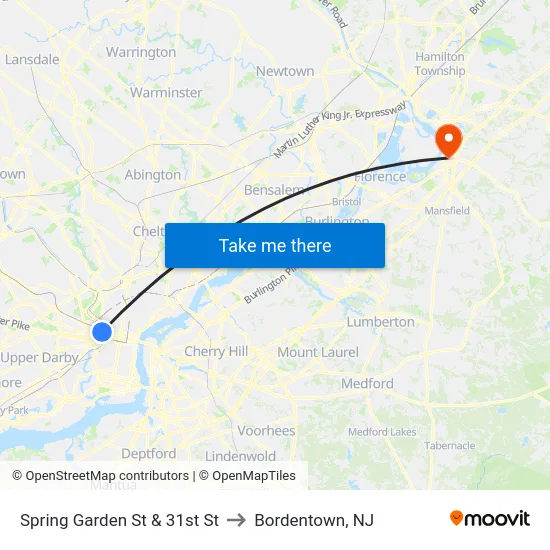 Spring Garden St & 31st St to Bordentown, NJ map