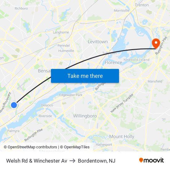 Welsh Rd & Winchester Av to Bordentown, NJ map