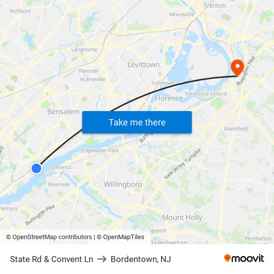 State Rd & Convent Ln to Bordentown, NJ map