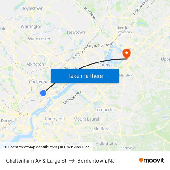 Cheltenham Av & Large St to Bordentown, NJ map