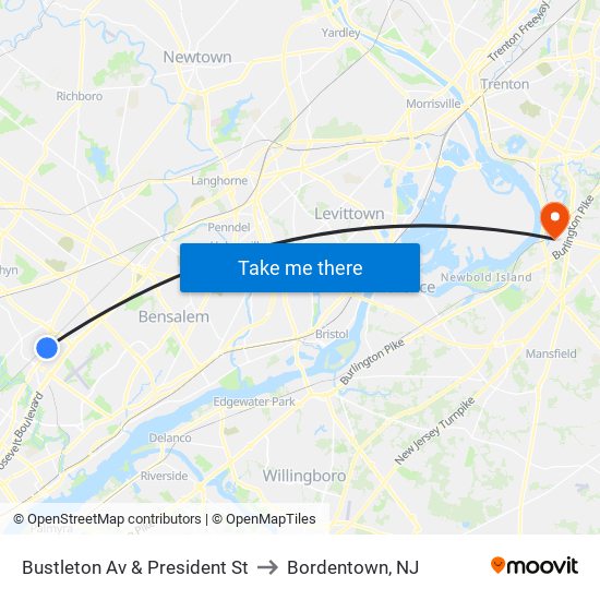 Bustleton Av & President St to Bordentown, NJ map