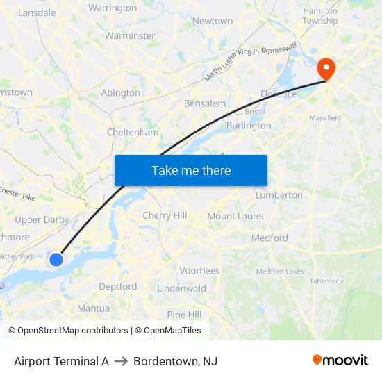 Airport Terminal A to Bordentown, NJ map