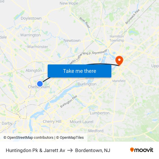 Huntingdon Pk & Jarrett Av to Bordentown, NJ map