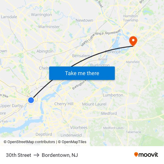 30th Street to Bordentown, NJ map