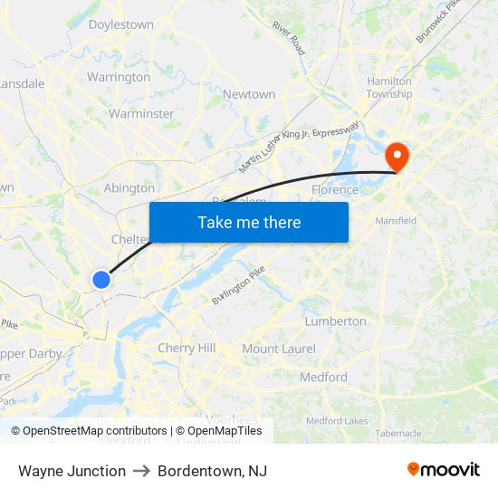 Wayne Junction to Bordentown, NJ map