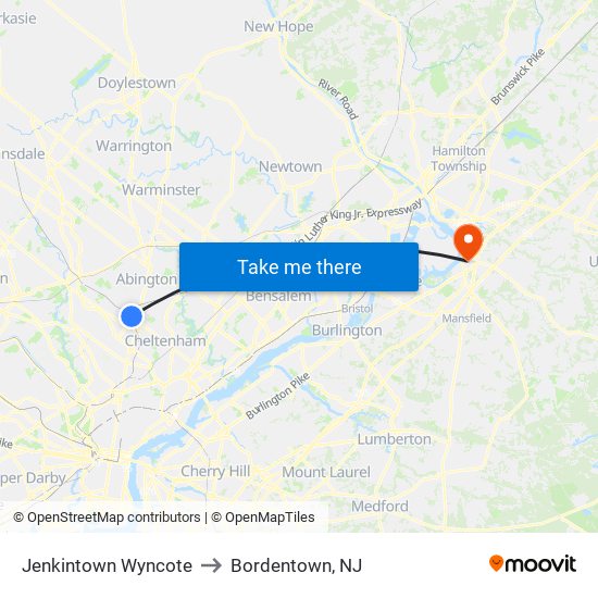 Jenkintown Wyncote to Bordentown, NJ map
