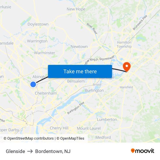 Glenside to Bordentown, NJ map